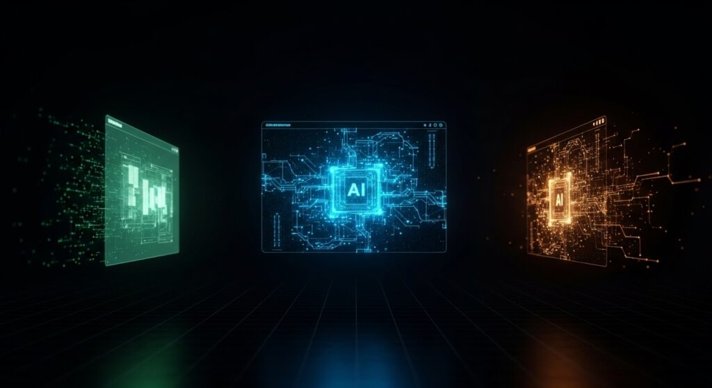Three AI workspace interfaces - green fading, cyan blue dominant, amber emerging - representing migration from ChatGPT to Claude and Google AI Studio