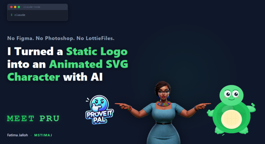 I Turned a Static Logo into an Animated SVG Character with AI — Mstimaj pointing from original ProveitPal logo to Pru V2 green mascot