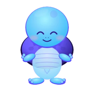 Pru V1 , Blue full-body animated turtle mascot, kawaii-inspired with low-set eyes