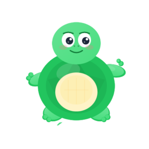 Pru V2 — Green full-body animated turtle mascot, mature proportions with higher eyes, widely marketable