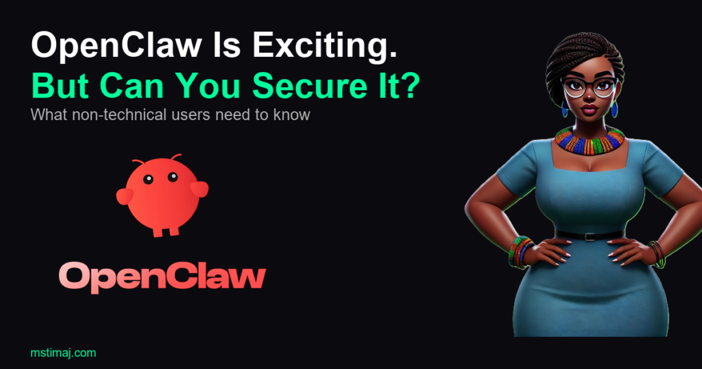 Fatima Jalloh (Mstimaj) next to the OpenClaw logo — article about OpenClaw security risks and safer starting points for non-technical AI users