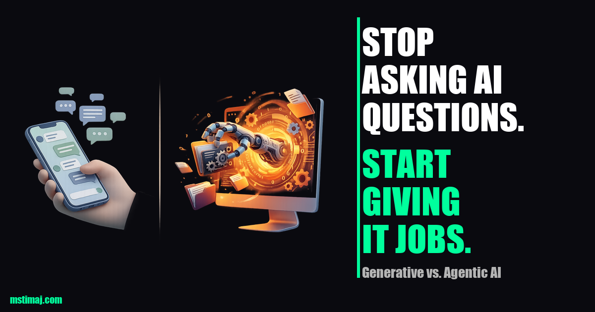 Generative AI vs Agentic AI comparison showing a hand chatting on a phone versus a robotic arm actively organizing files from a computer