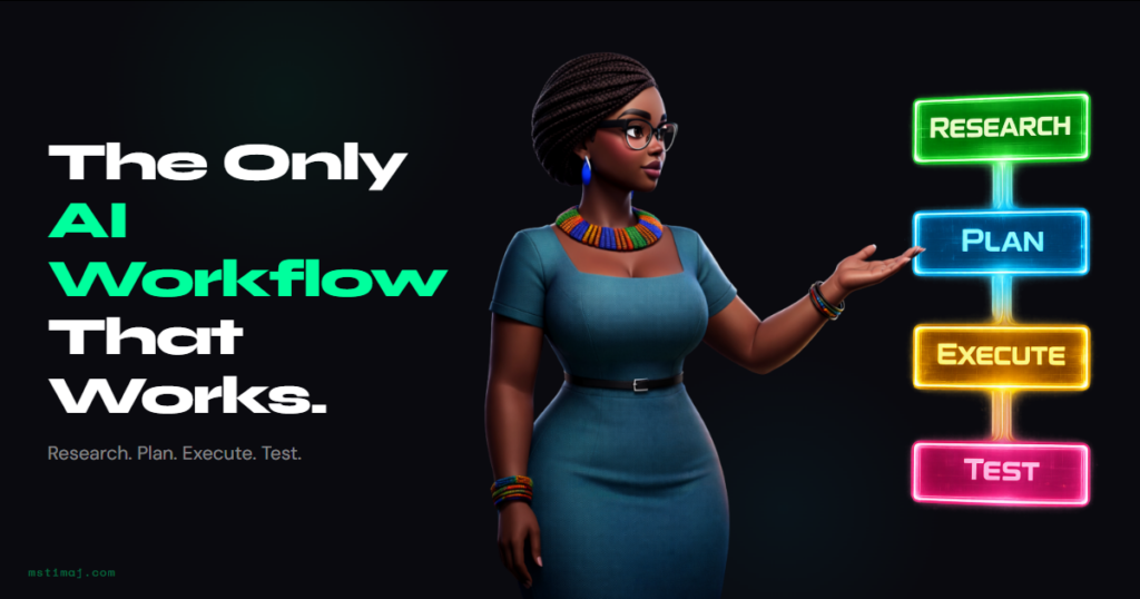 Mstimaj character presenting four glowing panels labeled Research, Plan, Execute, Test. Article title: The Only A Workflow That Works.