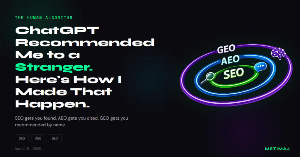 Dark editorial graphic with the text ChatGPT Recommended Me to a Stranger over a SEO AEO GEO ring diagram with neon green cyan and purple glowing orbits