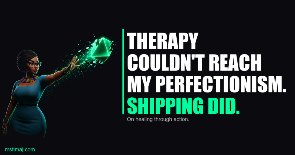 Stylized 3D illustration of Fatima Jalloh (MsTimaj) extending her hand to release a glowing neon green geometric form into the dark, with article title overlaid: "Therapy Couldn't Reach My Perfectionism. Shipping Did."