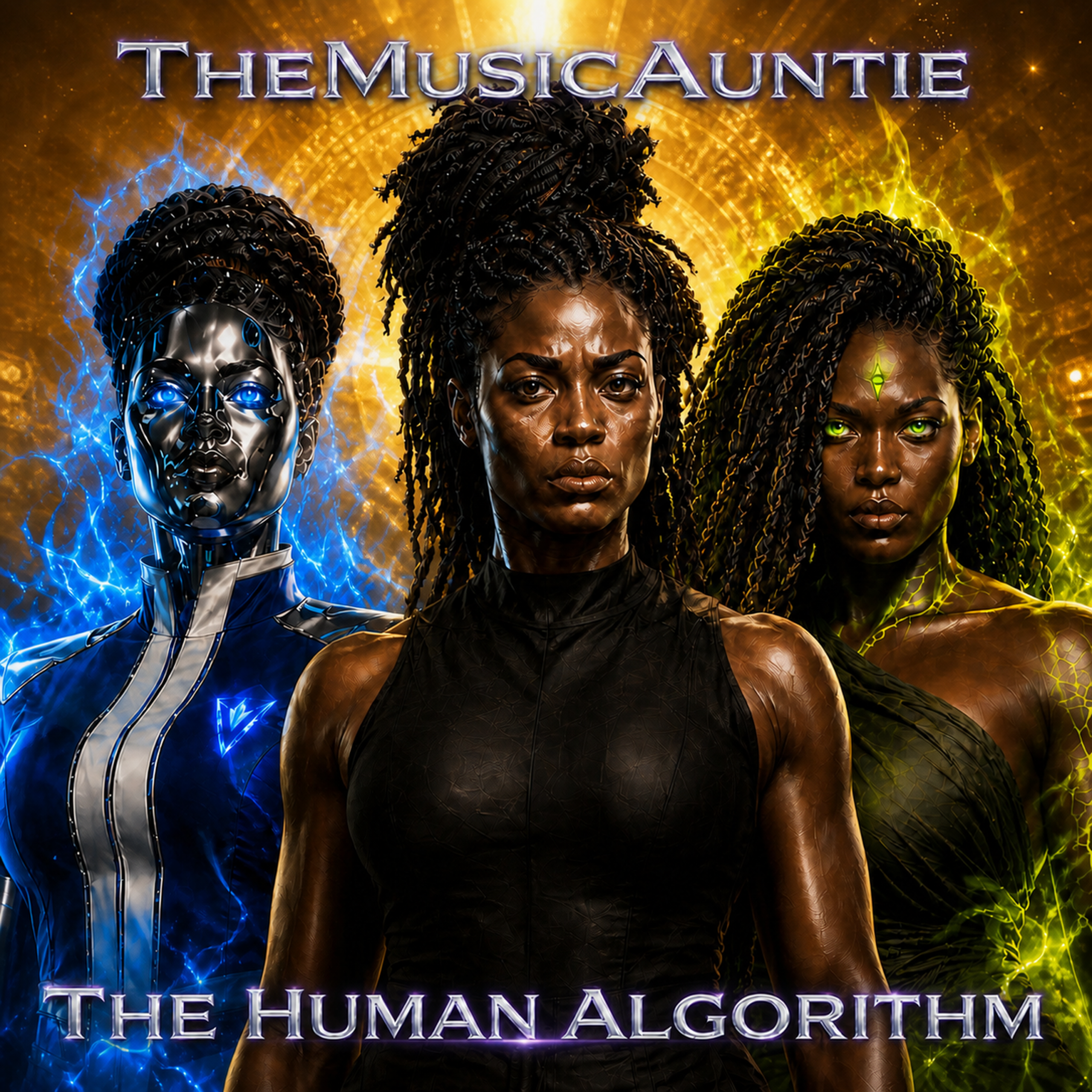 The Human Algorithm album cover by TheMusicAuntie. Three Black women on a glowing energy background. On the left a chrome and liquid-metal figure with glowing cyan-blue eyes and blue lightning energy. In the center a Black woman with locs framing her face and a grounded neutral expression. On the right a Black woman with glowing uranium-green eyes and an Adinkra-inspired green forehead glyph surrounded by green energy. The TheMusicAuntie name is at the top of the cover and The Human Algorithm title is at the bottom.