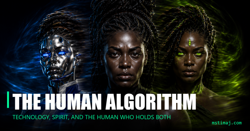 Cinematic widescreen triptych portrait of three Black women on a pure black field. On the left, a chrome and liquid-metal figure with glowing cyan-blue eyes and smoky blue atmospheric light streaming around her, representing technology. In the center, a Black woman with natural skin, locs framing her face, neutral grounded expression, no glow, representing the integrated human. On the right, a Black woman with natural skin, glowing uranium-green eyes, an Adinkra-inspired green glyph on her forehead, and smoky green atmospheric light streaming around her, representing nature, spirit, and ancient physics. Visual companion to the article thesis that technology and spirit are both real, both forms of technology, and that they meet inside the human. The three characters are the album voices: Kaida, Lila, and Saoirse from The Human Algorithm.