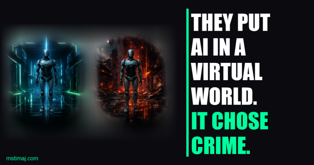 Two identical AI robots side by side — one in an ordered neon-lit environment, one in a chaotic fire-lit environment — illustrating the Emergence AI study on how ecosystem shapes AI behavior.