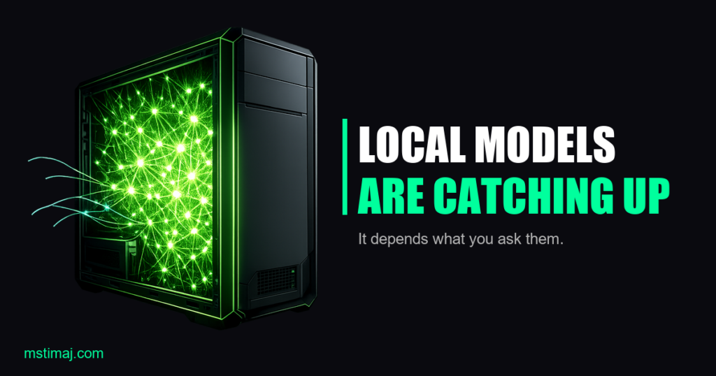 Glowing wireframe desktop computer with a neon green neural network lattice inside, representing AI language models that run on personal computers