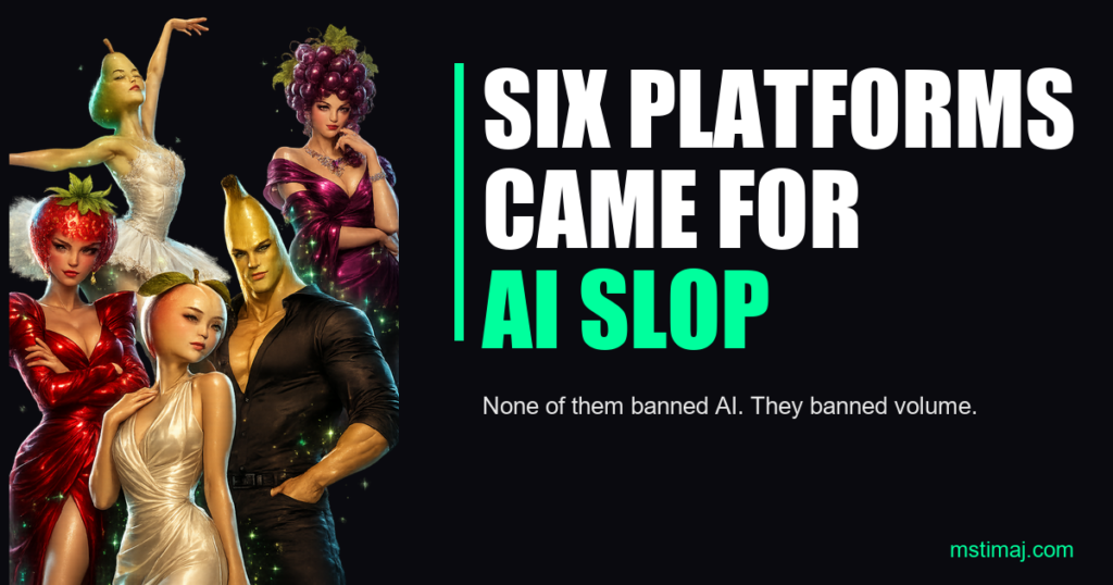 A soap opera cast poster of five glossy AI-generated fruit characters: a strawberry woman in red, a peach woman in cream, a banana man in black, a pear ballerina and a grape matriarch, beside the headline Six Platforms Came for AI Slop.