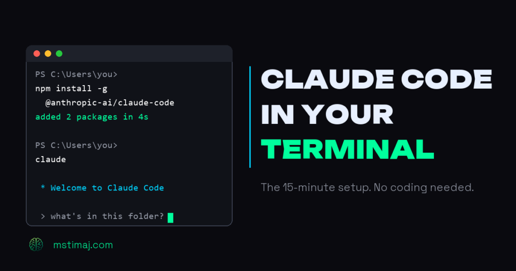 A terminal window showing the command npm install -g @anthropic-ai/claude-code followed by the words added 2 packages in 4s, beside the headline Claude Code In Your Terminal.