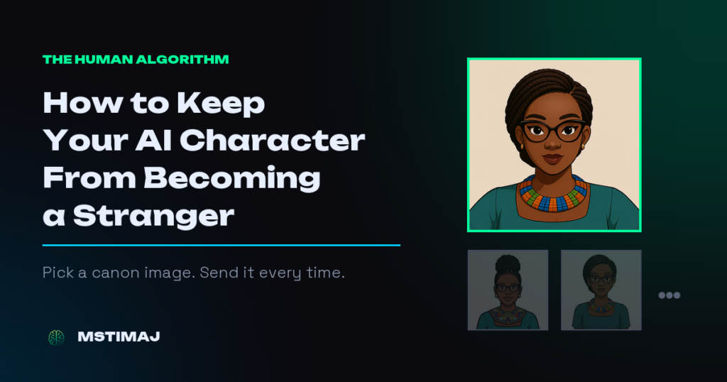 Dark article cover reading How to Keep Your AI Character From Becoming a Stranger. An illustrated portrait of a Black woman with a braided updo, glasses and a beaded collar sits in a green frame, with two faded, different-looking versions of her below. Fatima Jalloh, Mstimaj.