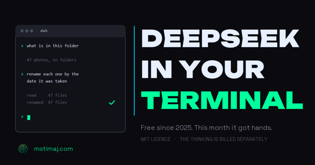 A dark terminal window labelled dsh showing a plain-English request to rename 47 photos by the date they were taken, with the agent reporting the files read and renamed, beside the headline DEEPSEEK IN YOUR TERMINAL.