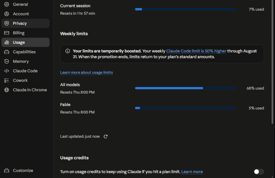 Claude usage settings panel showing a current session meter at seven percent used resetting in one hour fifty-seven minutes, two separate weekly limits for all models and for Fable each resetting Thursday at 8:00 PM, a banner stating weekly Claude Code limits are temporarily fifty percent higher through August 31, and a usage credits toggle switched off.
