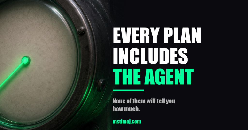 An analogue utility meter glowing neon green on a dark wall, its dial face completely blank with no numbers or markings, beside the headline Every Plan Includes The Agent and the line None of them will tell you how much.