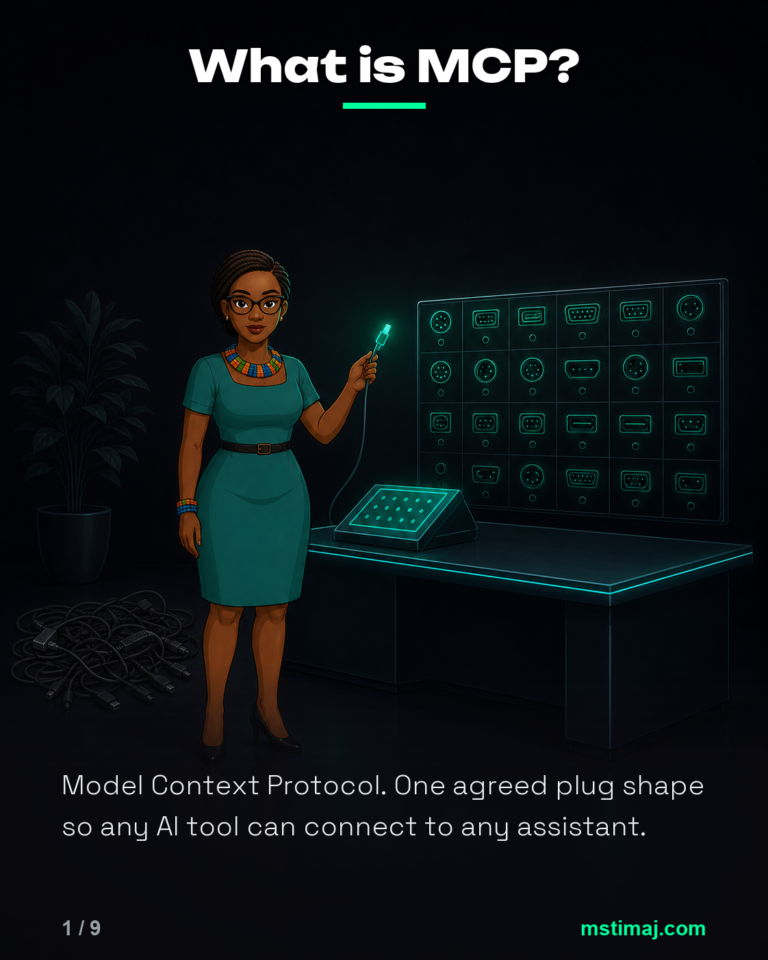 Mstimaj presents a single glowing universal connector while a tangle of older cables sits behind her.