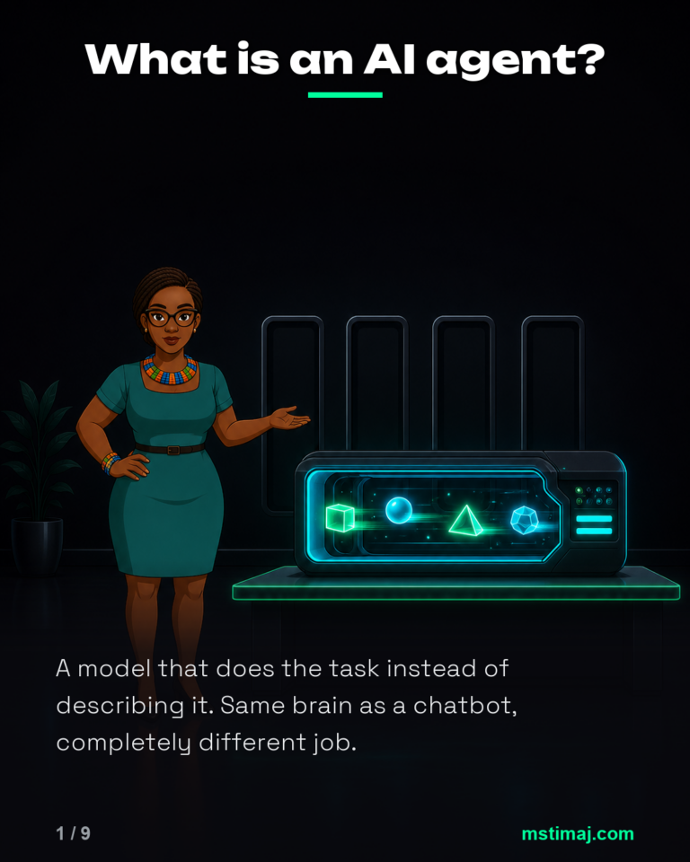 Mstimaj stands beside a glowing machine that is carrying out a task on its own.