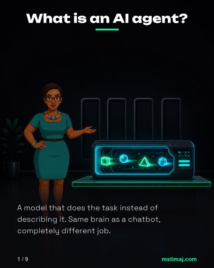 Mstimaj stands beside a glowing machine that is carrying out a task on its own.