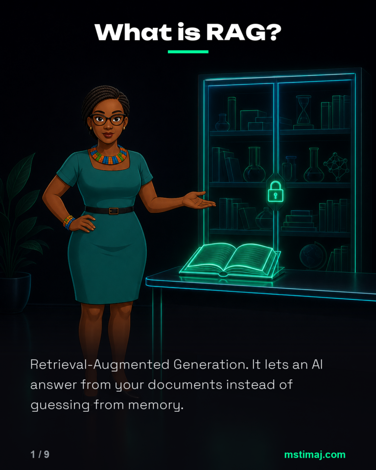 Mstimaj stands between a glowing open book and a locked cabinet, presenting the open one.