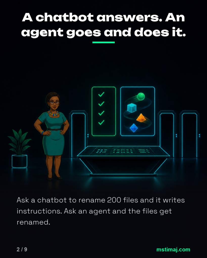 A chatbot answers. An agent goes and does it.
