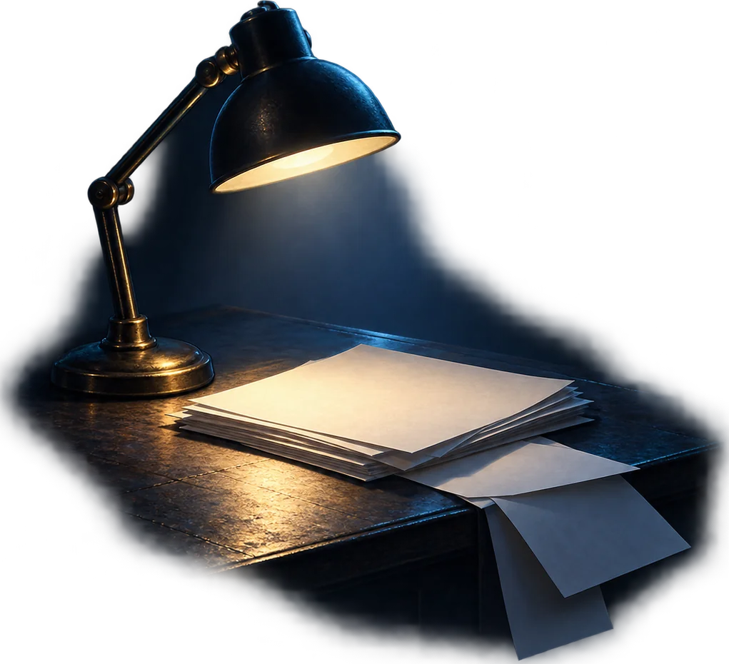 A desk lamp lighting a fixed rectangle on a dark desk, papers piled inside it and a few sliding off the far edge