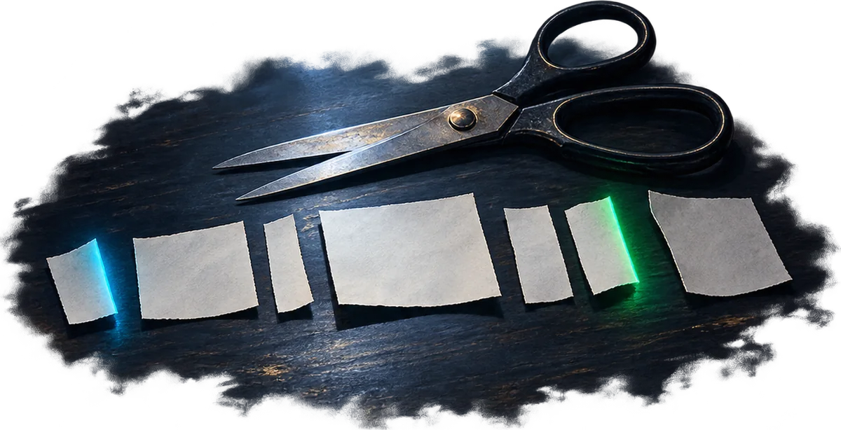 A long strip of paper on a dark desk cut into uneven pieces with a pair of scissors, the pieces laid out in a row, two of them glowing