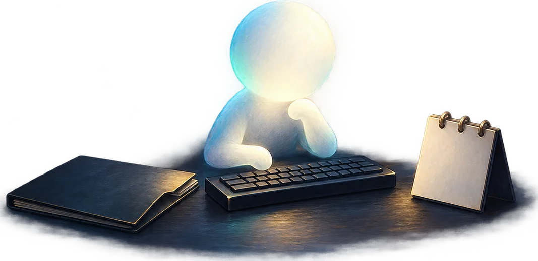 A small glowing figure at a desk moving between a folder, a calendar and a keyboard, one step at a time