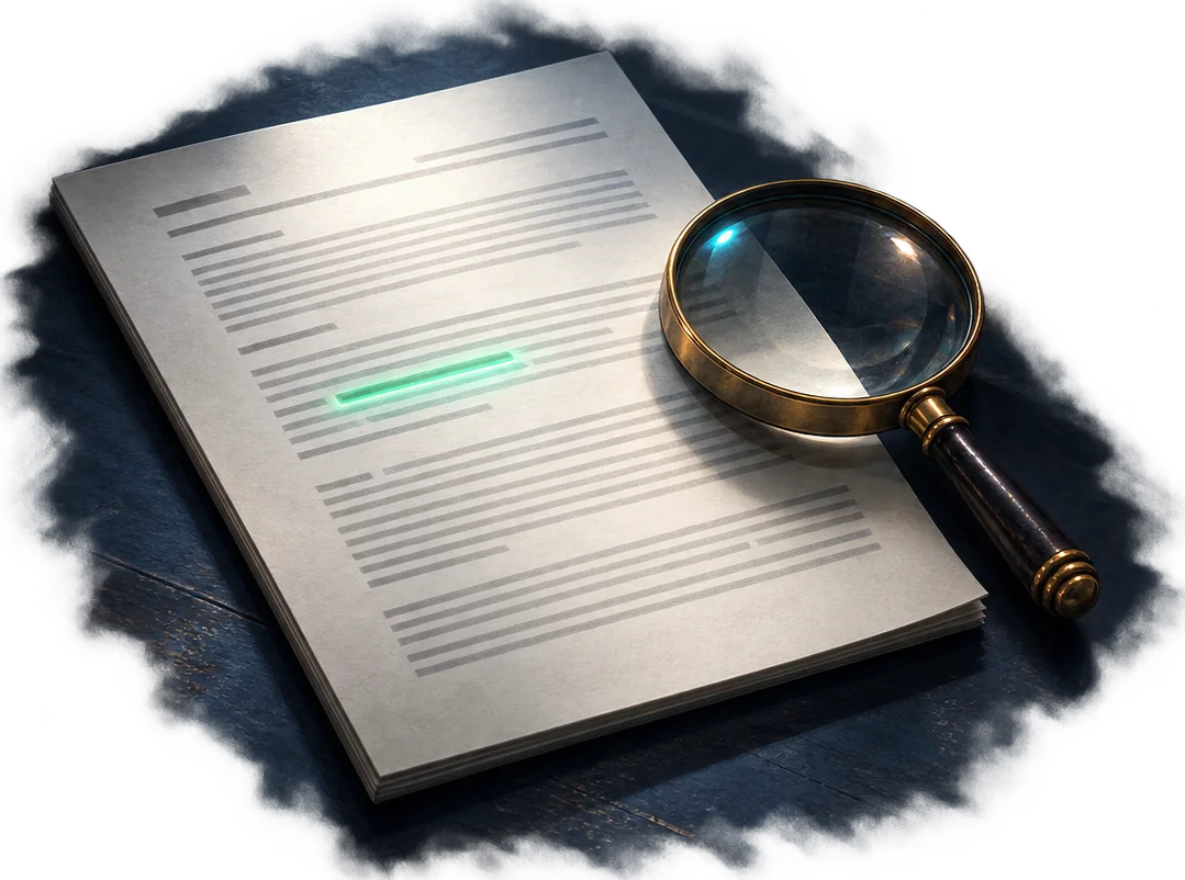 A neat typed page on a dark desk with one line glowing a different colour, a magnifying glass resting beside it