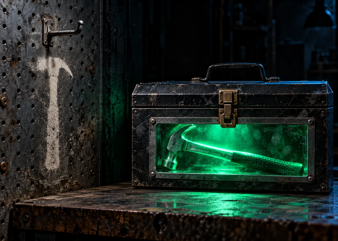 A wall hook standing empty with the dashed outline of a missing hammer beneath it, beside a closed metal toolbox with a glowing green hammer visible behind a sealed glass panel in its side.