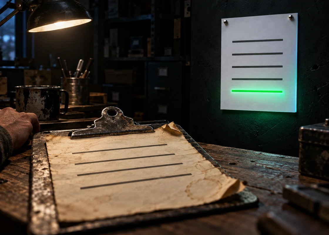 An old clipboard holding a yellowed, coffee-stained sheet with four ruled lines, lying in front of a clean sheet pinned to the wall carrying five lines, the extra one glowing green. The terminal window is working from the old copy of the list.